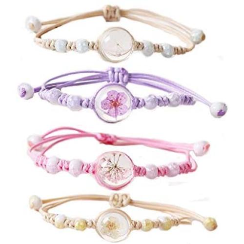 4pcs Sweet Daisy Dandelion Flower Bracelet Ceramic Beads Hand-weave Adjustable Bracelet for Women Girls