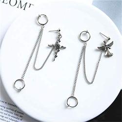 Rose Cross Dangle Hoop Earrings Gothic Double Circle Chain Leaf Flower Cross Clip on Earring for Women Girls Fashion Jewelry Gifts