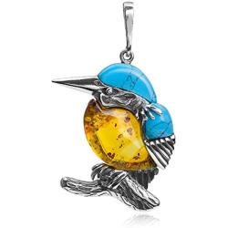 Sterling Silver Amber Blue Stabilized Turquoise Kingfisher Bird Pendant Necklace Chain 18 Inches