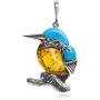 Sterling Silver Amber Blue Stabilized Turquoise Kingfisher Bird Pendant Necklace Chain 18 Inches