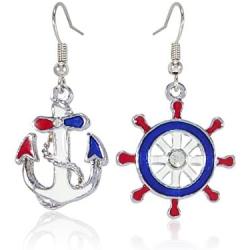 New Design Nautical Anchor & Ships Wheel Fashion Blue Red and White Dangle Earrings, Jewelry