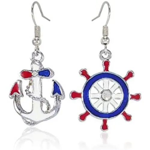 New Design Nautical Anchor & Ships Wheel Fashion Blue Red and White Dangle Earrings, Jewelry