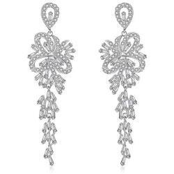 Scarlvambo Womens Fashion Cubic Zirconia Chandelier Bow Tassel Pierced Dangle Wedding Earrings Silver-Tone Clear