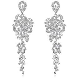 Scarlvambo Womens Fashion Cubic Zirconia Chandelier Bow Tassel Pierced Dangle Wedding Earrings Silver-Tone Clear