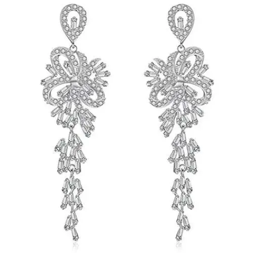 Scarlvambo Womens Fashion Cubic Zirconia Chandelier Bow Tassel Pierced Dangle Wedding Earrings Silver-Tone Clear Scarlvambo Womens Fashion Cubic Zirconia Chandelier Bow Tassel Pierced Dangle Wedding Earrings Silver-Tone Clear