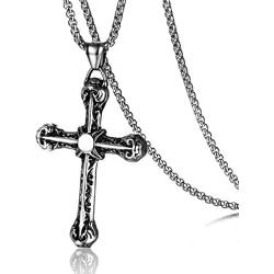 discountstore145 Pendant Necklace, Men Vintage Titanium Steel Jesus Cross Pendant Chain Necklace Party Jewelry Gift - Antique Silver