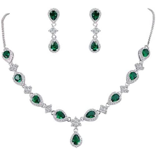 EleQueen Womens Silver-Tone Cubic Zirconia Teardrop Flower Bridal V-Necklace Jewelry Set Dangle Earrings
