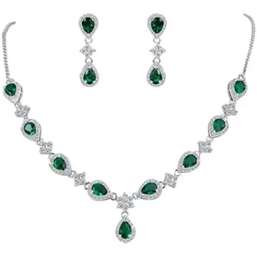 EleQueen Womens Silver-Tone Cubic Zirconia Teardrop Flower Bridal V-Necklace Jewelry Set Dangle Earrings EleQueen Womens Silver-Tone Cubic Zirconia Teardrop Flower Bridal V-Necklace Jewelry Set Dangle Earrings