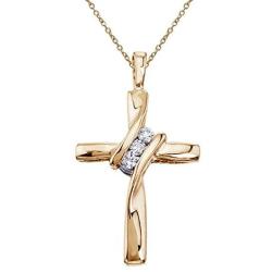Petite 10k Yellow Gold Three Stone Off Set Diamond Cross Pendant with 18'' Chain