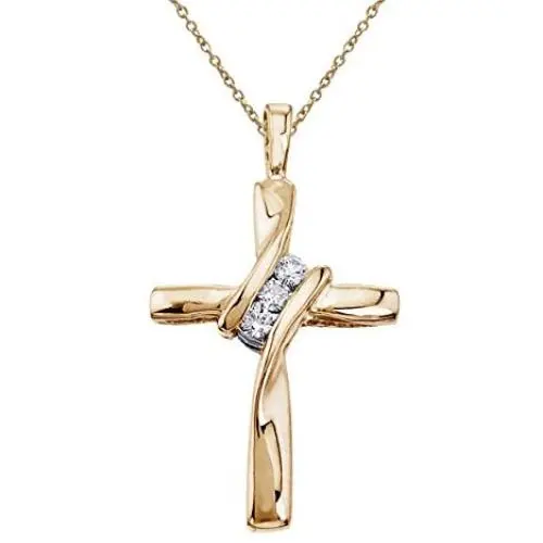 Petite 10k Yellow Gold Three Stone Off Set Diamond Cross Pendant with 18'' Chain Petite 10k Yellow Gold Three Stone Off Set Diamond Cross Pendant with 18'' Chain