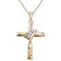 Petite 10k Yellow Gold Three Stone Off Set Diamond Cross Pendant with 18'' Chain