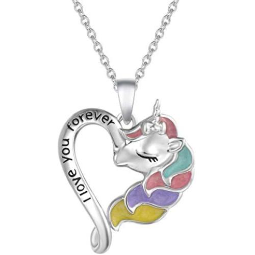 FANCIME Sterling Silver Unicorn Necklace Your are Magical Rainbow Colorful Pendant Heart Moon Best Friend Fine Jewelry for Women 16+2 inches Extender