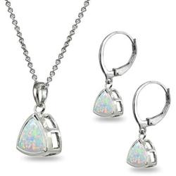 Sterling Silver Genuine or Synthetic Gemstone Trillion Bezel-Set Pendant Necklace & Dangle Leverback Earrings Set