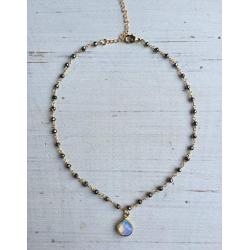 Natural Pyrite Beaded necklace, choker chain necklace White Opal Quartz Hydro Heart Teardrop necklace, Faceted Rondelle Beads, Boho Chic Gold Plated Rosary Handmade Jewelry (18 Inches Princess Length)