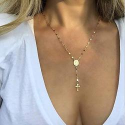 Donbnine Cross Pendant Necklaces Long Chain Y Lariat Religious Silver Jewelry for Women (gold)