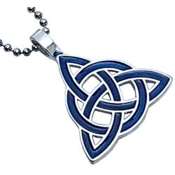 Celt Celtic Jewelry Blue Triquetra Trinity Knot Norse Viking Pagan Magic Wicca Wiccan Witch Protection Amulet Pewter Mens Womens Pendant Necklace Charm for men women w Silver Ball chain