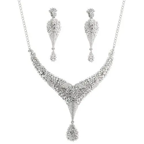 Touchstone Indian Bollywood Intricately Crafted Diamond Look Rhinestone Crystal Colorful Wedding Designer Jewelry Necklace Set in Gold and Silver Tone for Women.