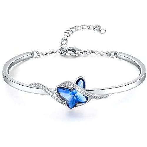 GEORGE · SMITH Infinity Love Blue Butterfly Crystal Bangle Bracelet for Women Silver Tone Adjustable Charms Bracelet Girlfriend Birthday Valentines Day Jewelry Gifts