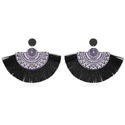 Bohemian Fan Fringe Thread Tassel Drop Earrings - Statement Half Circle, Clover Leatherette, Flower, Quatrefoil Chandelier Dangles