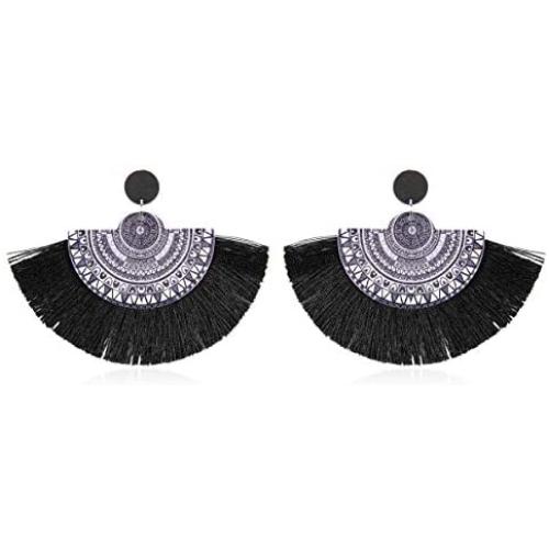 Bohemian Fan Fringe Thread Tassel Drop Earrings - Statement Half Circle, Clover Leatherette, Flower, Quatrefoil Chandelier Dangles