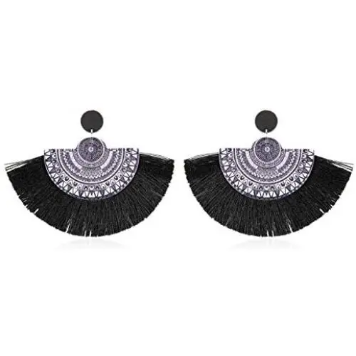 Bohemian Fan Fringe Thread Tassel Drop Earrings - Statement Half Circle, Clover Leatherette, Flower, Quatrefoil Chandelier Dangles Bohemian Fan Fringe Thread Tassel Drop Earrings - Statement Half Circle, Clover Leatherette, Flower, Quatrefoil Chandelier Dangles