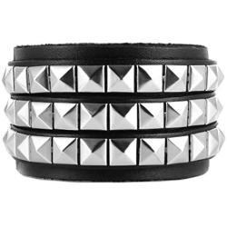 HZMAN Unisex Black Genuine Leather Silver Pyramid Studs Wristband 80s Gothic Punk Glam