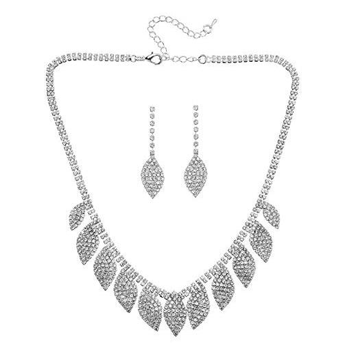Brishow Bridal Wedding Necklace Set Silver Crystal Earrings Rhinestone Brides Necklace Chain for Women and Girls