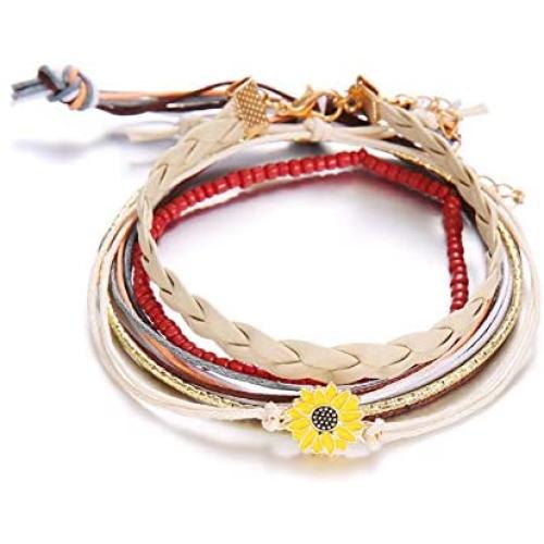 5pcs Sunflower Waterproof Braided Wax Rope Friendship Bracelets Set Seed Beads String Ocean Surfer Bangle Anklet for Women Girls Handmade Adjustable Boho Bohemian Jewelry -sunflower