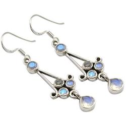 SilverStarJewel Real Rainbow Moonstone Earrings 2'' 925 Sterling Silver Handmade Gift