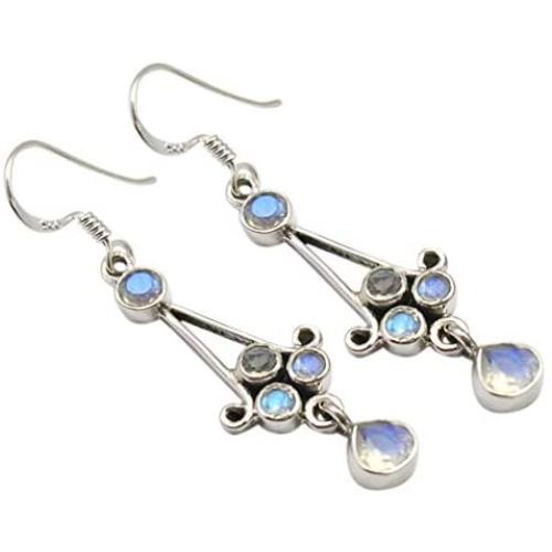SilverStarJewel Real Rainbow Moonstone Earrings 2'' 925 Sterling Silver Handmade Gift