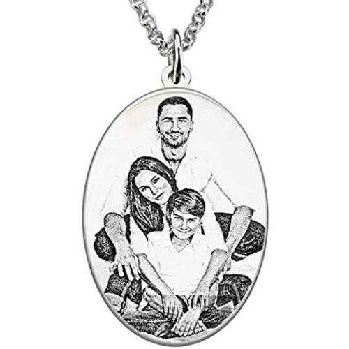AILIN Personalized Sterling Silver Photo Engraved Necklace Oval Photo Necklace Memorial Jewelry Keepsake Necklace