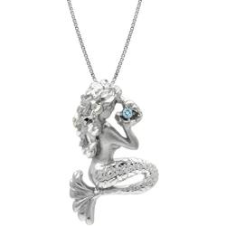 Sterling Silver and Blue Topaz Mermaid Necklace Pendant with 18'' Box Chain