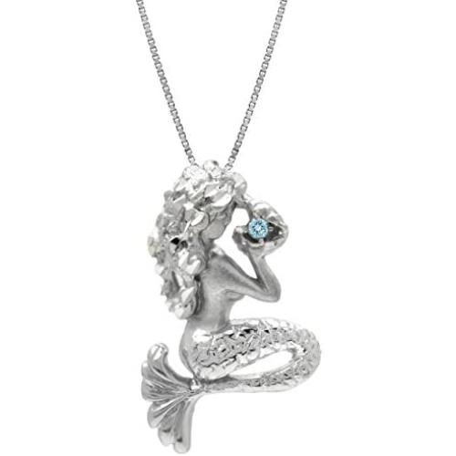 Sterling Silver and Blue Topaz Mermaid Necklace Pendant with 18'' Box Chain