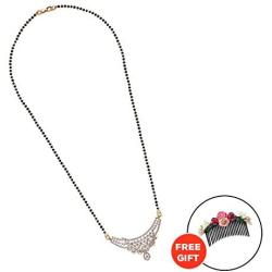 Hathkaam 20'' American Diamond Mangalsutra for Women Bollywood Wedding Style Traditional Rhodium Plated Pendant Earring Necklace Set in Black Crystal Beaded Chain with Free Floral Hair Clip HKMS001