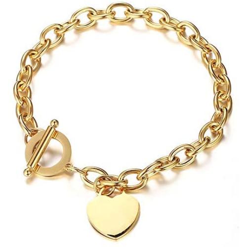 WangGao Elegent Love Stainless Steel Link Chain Blank Heart Charms Bracelet for Women 8.25 Length Toggle Clasp Closure …