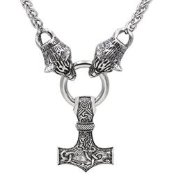 GuoShuang Men Viking Stainless Steel Wolf Head with Thors Mjolnir Pendant Necklace