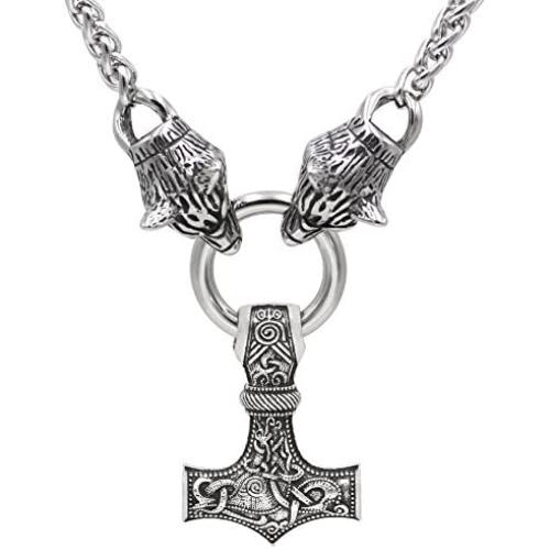 GuoShuang Men Viking Stainless Steel Wolf Head with Thors Mjolnir Pendant Necklace