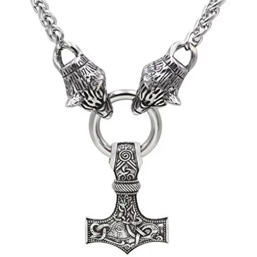 GuoShuang Men Viking Stainless Steel Wolf Head with Thors Mjolnir Pendant Necklace