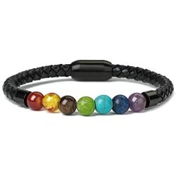 Ckysee 7 Chakra Lava Rock Bracelet Healing Balancing Genuine Leather Bracelets with Magnetic Clasp Tiger Eye Agate Howlite for Men