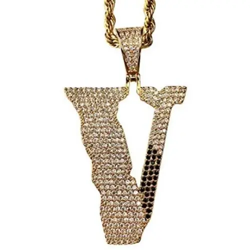 Shop-iGold Custom V Men Women 925 Italy Gold Finish Iced Charm Ice Out Pendant Stainless Steel Real 3 mm Rope Chain, Mans Jewelry, Iced Pendant, Rope Necklace 16''- 24''