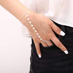 Yalice Pearl Finger Bracelet Ring Dainty Hand Chains Slave Finger Chain Jewelry for Women and Girls (Silver)