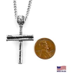 Baseball Bat and Ball Cross Necklace Antique Silver On Stainless Steel Chain Made in USA