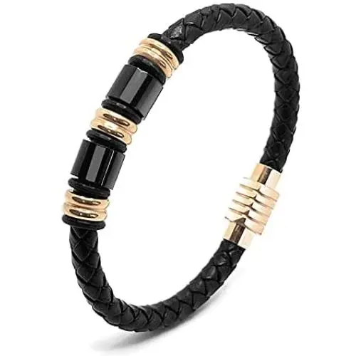 Stainless Steel Sracelet Mens Bracelet Leather with Golden Magnetic Clasp Stainless Steel Sracelet Mens Bracelet Leather with Golden Magnetic Clasp