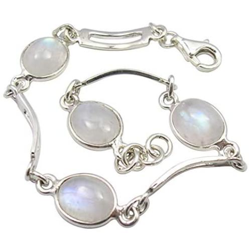 SilverStarJewel Cabochon Rainbow Moonstone Link Bracelet 7.5'' Solid Sterling Silver