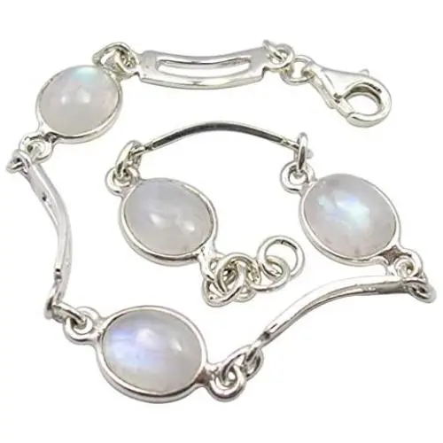 SilverStarJewel Cabochon Rainbow Moonstone Link Bracelet 7.5'' Solid Sterling Silver SilverStarJewel Cabochon Rainbow Moonstone Link Bracelet 7.5'' Solid Sterling Silver