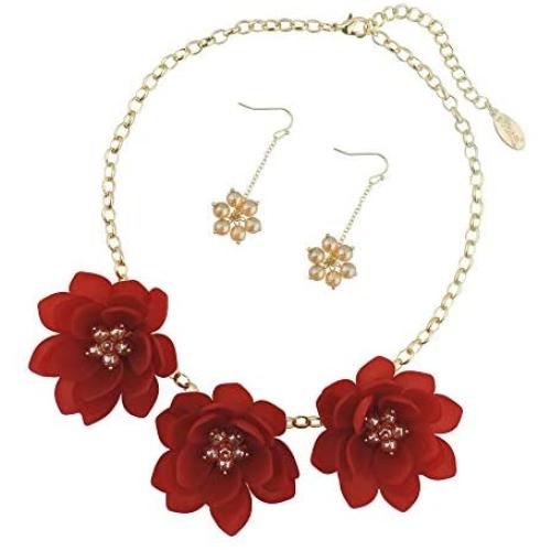 Bocar Bib Statement Pendant Dark Blue Flower Jewelry Set Necklace and Earrings for Women Gift (NK-10372) (red)