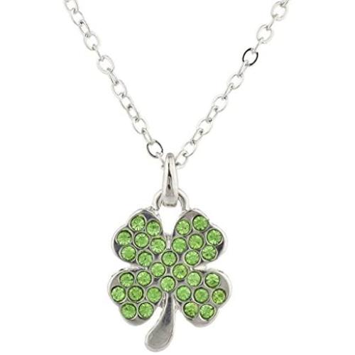 LUX ACCESSORIES Silvertone Rhinestone St Patricks Day Four Leaf Clover Necklace