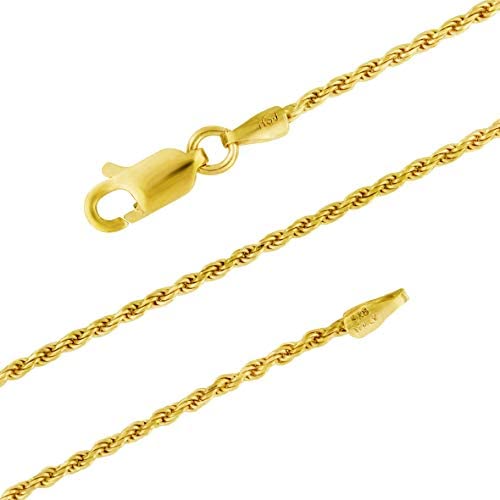 14kt Yellow Gold Plated Sterling Silver 1.3mm Diamond-Cut Rope Chain Necklace Solid Italian Nickel-Free, 14-36 Inch