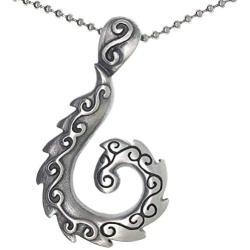 Polynesian Tribal Jewelry Spiral Koru Maori Fern Leaf Hook Fish totem Prosperity Longevity Pewter Mens Pendant Necklace Protection Amulet Wealth Money Lucky Charm Travel Talisman w Silver Ball Chain