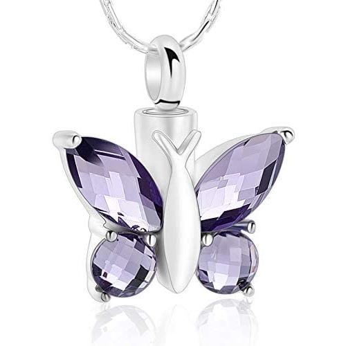 constantlife Cremation Jewelry for Ashes Memorial Urn Necklace Silver Plated Elegant Butterfly Shape Crystal Pendant Keepsake for Human Pets